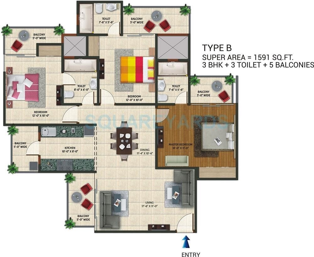 Floor plan of 3 BHK 1591 Sq. Ft. Apartment in Amaatra Homes, Greater Noida