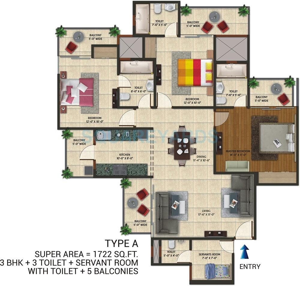 Floor plan of 3 BHK 1722 Sq. Ft. Apartment in Amaatra Homes, Greater Noida