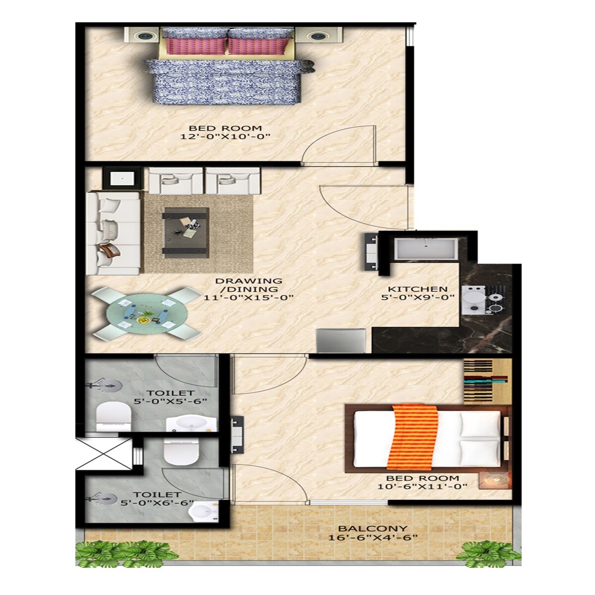 Floor plan of 2 BHK 1050 Sq. Ft. Apartment in Ambrosia Luxury Homes, Greater Noida