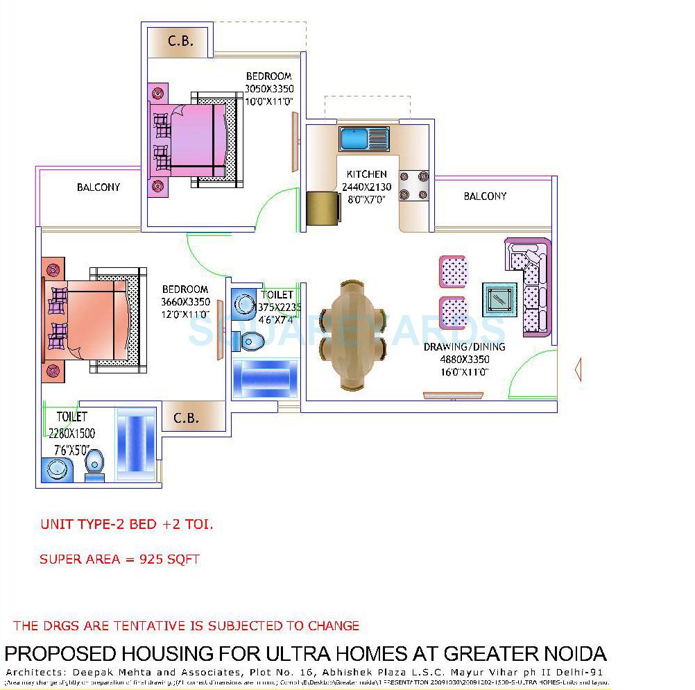 Floor plan of 2 BHK 925 Sq. Ft. Apartment in Amrapali Castle, Greater Noida