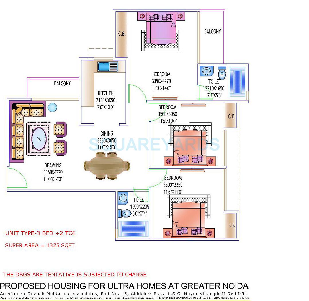 Floor plan of 3 BHK 1325 Sq. Ft. Apartment in Amrapali Castle, Greater Noida