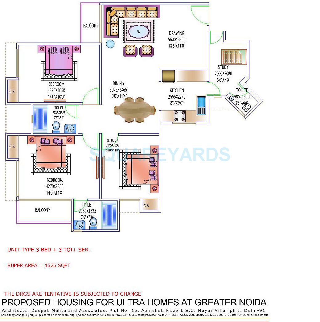 Floor plan of 3 BHK 1525 Sq. Ft. Apartment in Amrapali Castle, Greater Noida