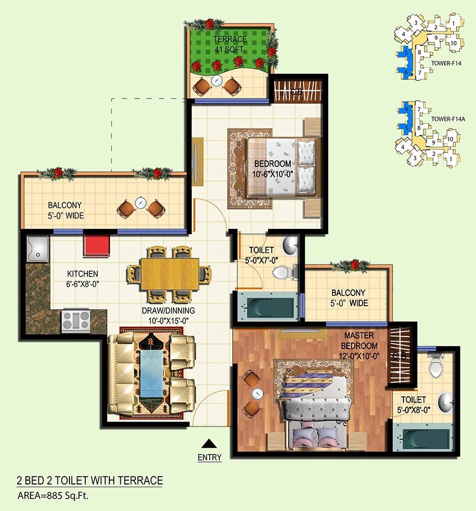 Floor plan of 2 BHK 885 Sq. Ft. Apartment in Amrapali Courtyard, Greater Noida