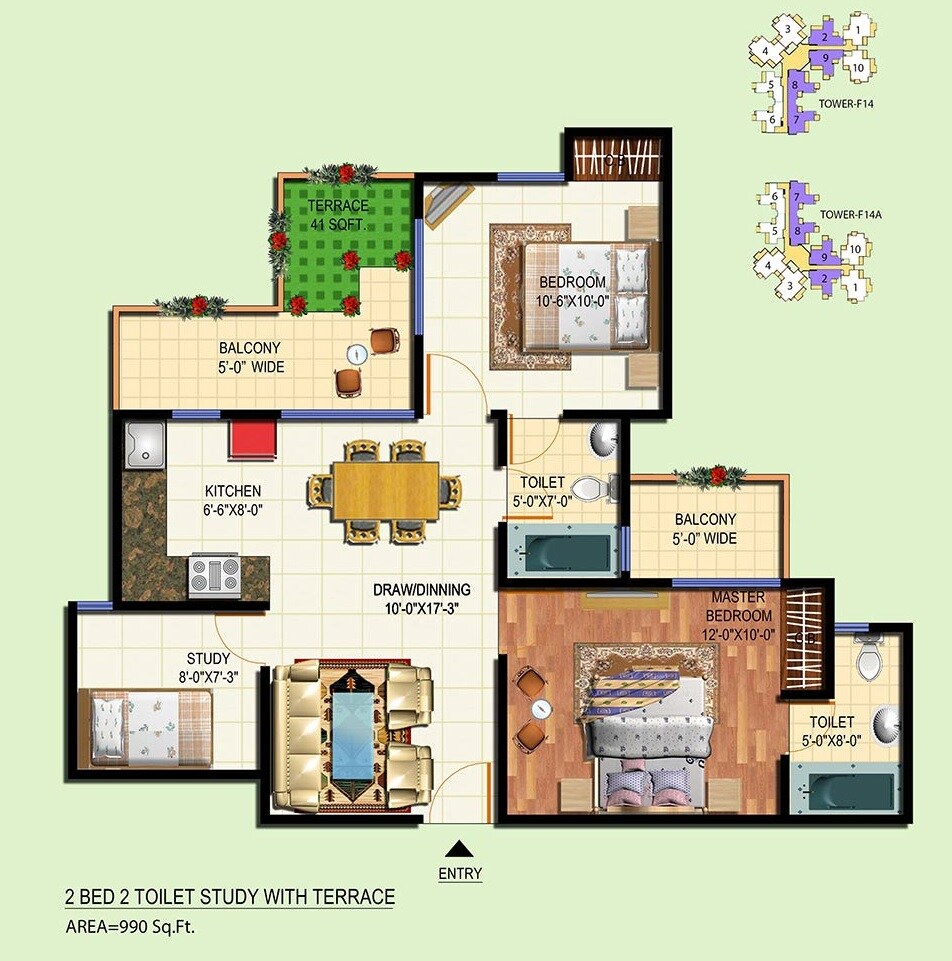 Floor plan of 2 BHK 990 Sq. Ft. Apartment in Amrapali Courtyard, Greater Noida