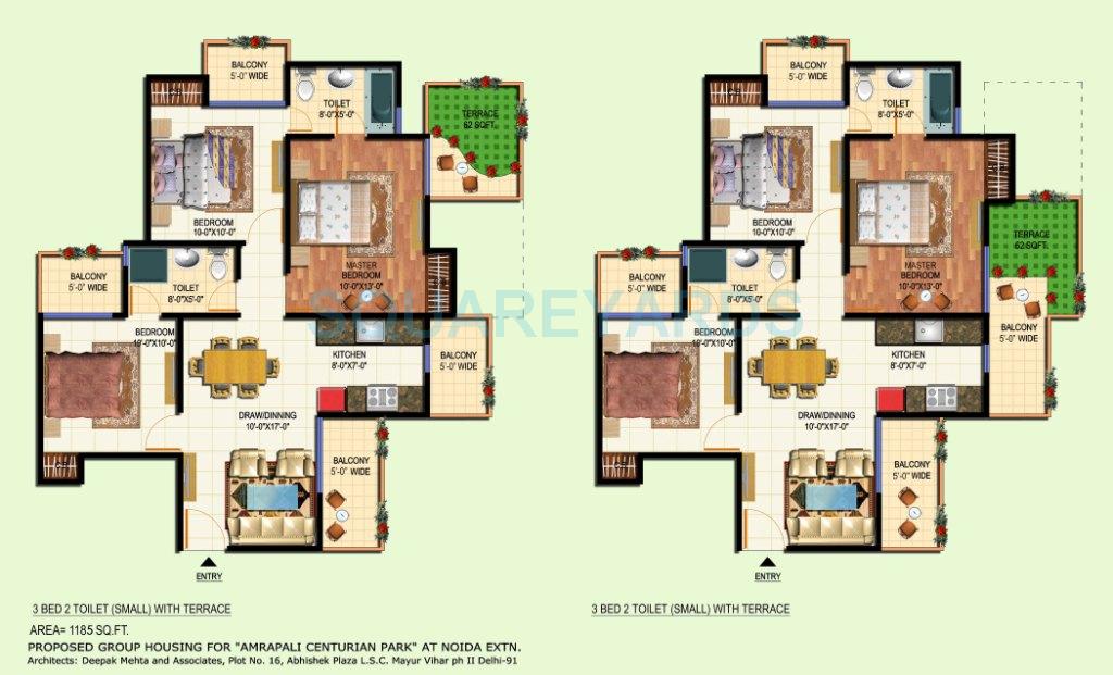 Floor plan of 3 BHK 1185 Sq. Ft. Apartment in Amrapali Country, Greater Noida