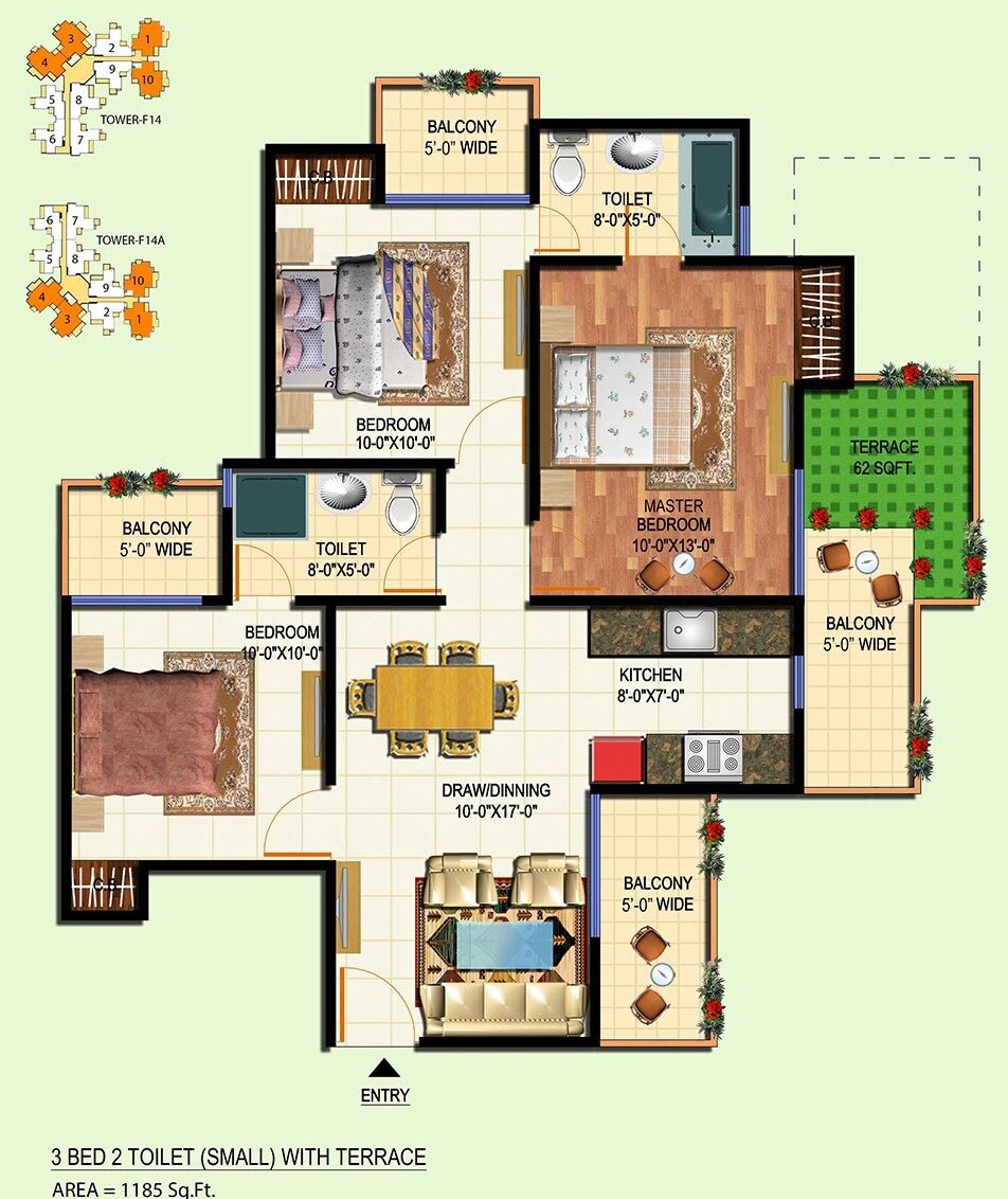 Floor plan of 3 BHK 1185 Sq. Ft. Apartment in Amrapali Courtyard, Greater Noida