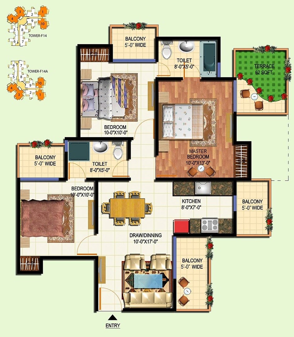 Floor plan of 3 BHK 1700 Sq. Ft. Apartment in Amrapali Courtyard, Greater Noida