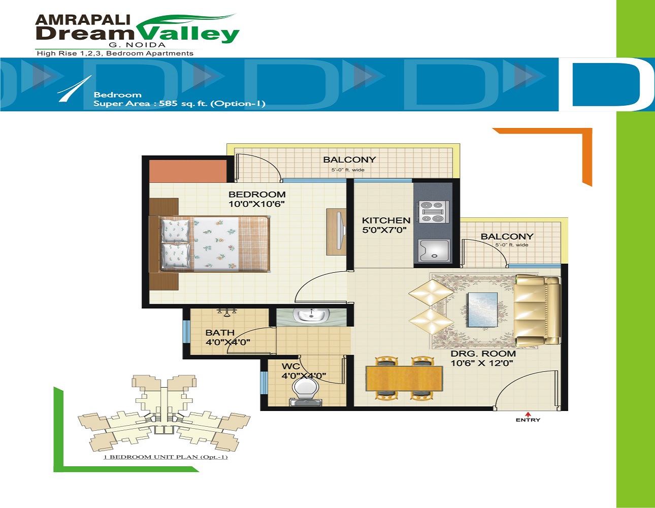 1 BHK 585 Sq. Ft. Apartment in Amrapali Dream Valley