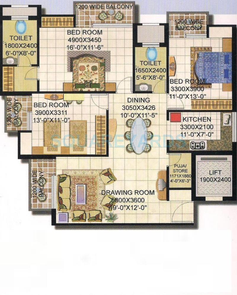 Floor plan of 3 BHK 1850 Sq. Ft. Apartment in Amrapali Grand, Greater Noida