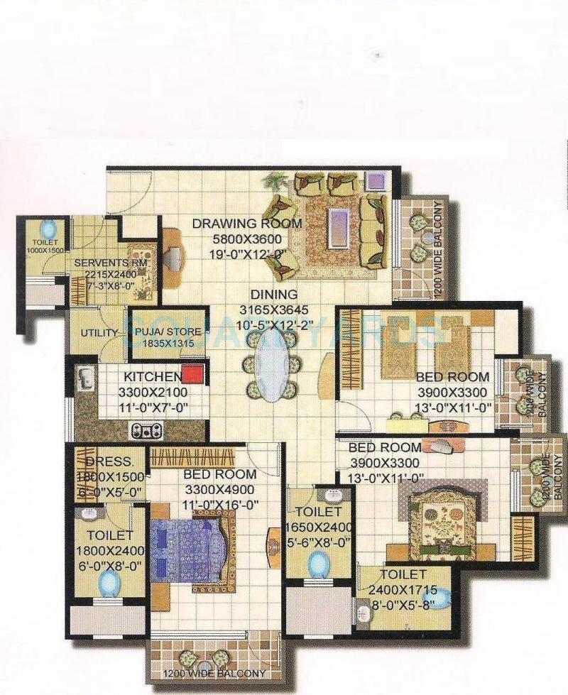 Floor plan of 3 BHK 2050 Sq. Ft. Apartment in Amrapali Grand, Greater Noida