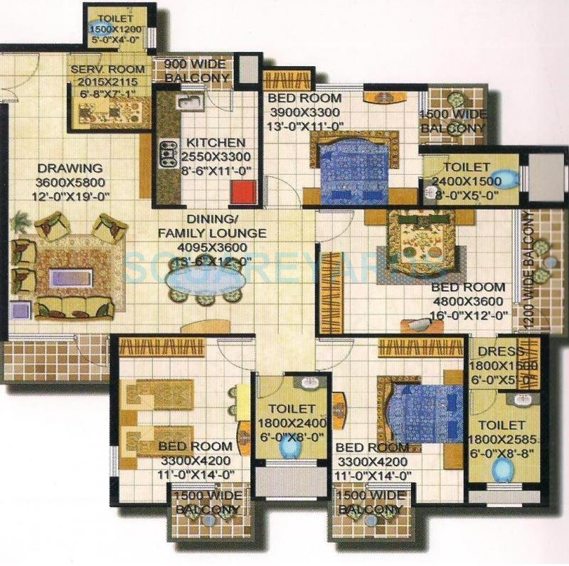 Floor plan of 4 BHK 2450 Sq. Ft. Apartment in Amrapali Grand, Greater Noida