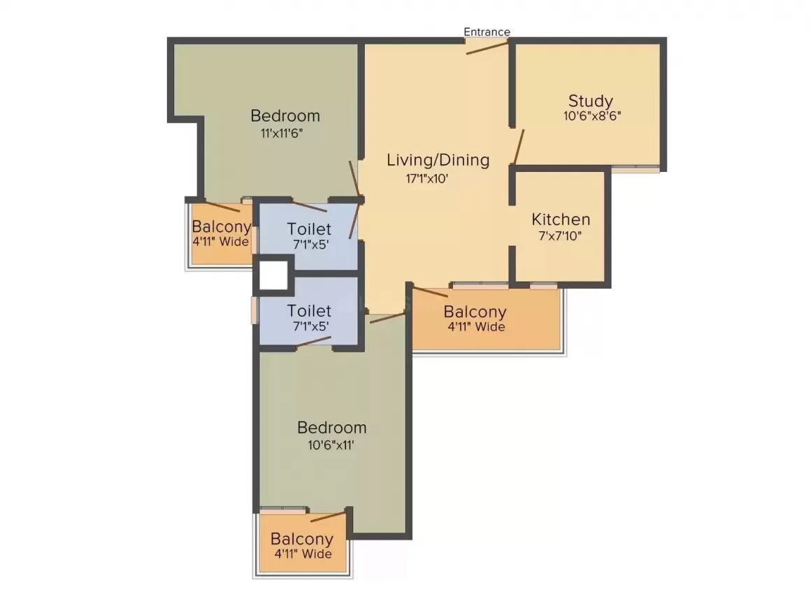 Floor plan of 2 BHK 1100 Sq. Ft. Apartment in Amrapali Ivory Heights, Greater Noida