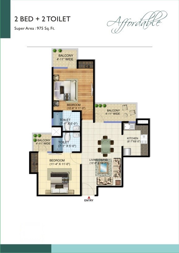 Floor plan of 2 BHK 975 Sq. Ft. Apartment in Amrapali Ivory Heights, Greater Noida