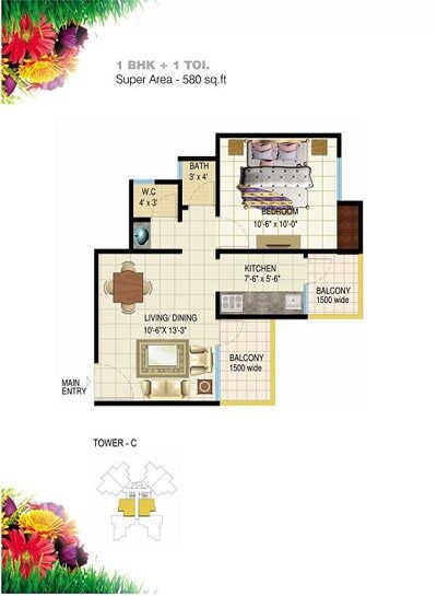 Floor plan of 1 BHK 580 Sq. Ft. Apartment in Amrapali Spring Meadows, Greater Noida