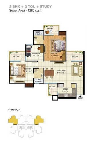 Floor plan of 2 BHK 1285 Sq. Ft. Apartment in Amrapali Spring Meadows, Greater Noida