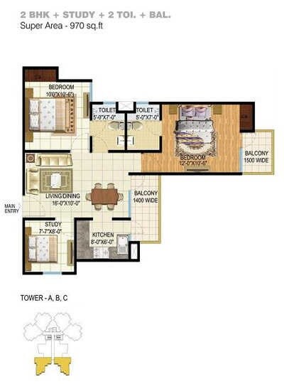 Floor plan of 2 BHK 970 Sq. Ft. Apartment in Amrapali Spring Meadows, Greater Noida