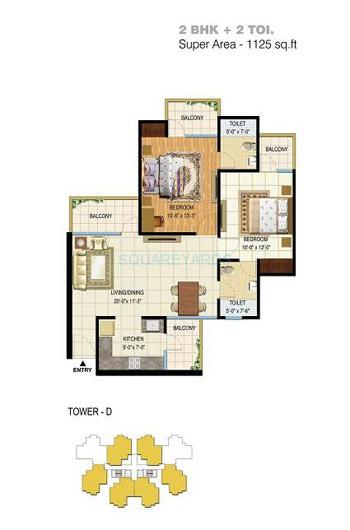 Floor plan of 2 BHK 1125 Sq. Ft. Apartment in Spring Meadows, Greater Noida