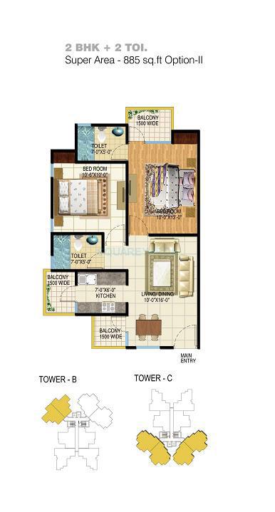 Floor plan of 2 BHK 885 Sq. Ft. Apartment in Spring Meadows, Greater Noida