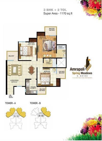 Floor plan of 3 BHK 1170 Sq. Ft. Apartment in Amrapali Spring Meadows, Greater Noida