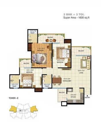 Floor plan of 3 BHK 1600 Sq. Ft. Apartment in Amrapali Spring Meadows, Greater Noida