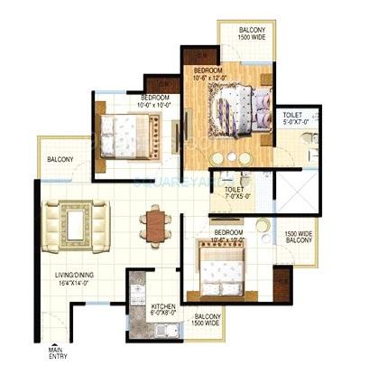 Floor plan of 3 BHK 1170 Sq. Ft. Apartment in Spring Meadows, Greater Noida