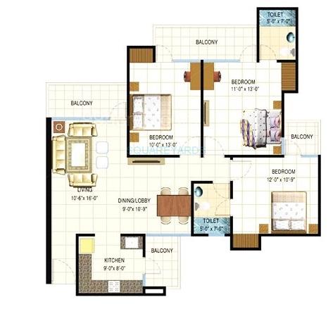 Floor plan of 3 BHK 1520 Sq. Ft. Apartment in Spring Meadows, Greater Noida