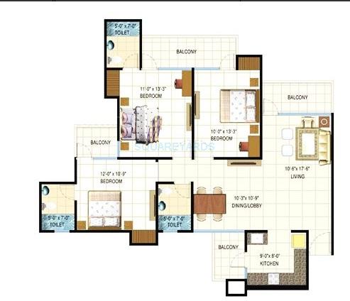 Floor plan of 3 BHK 1600 Sq. Ft. Apartment in Spring Meadows, Greater Noida