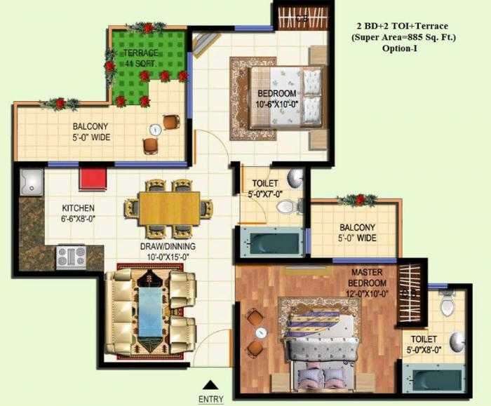 2 BHK 885 Sq. Ft. Apartment in Amrapali Terrace Homes