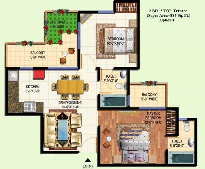 Floor plan of 2 BHK 885 Sq. Ft. Apartment in Amrapali Terrace Homes, Greater Noida