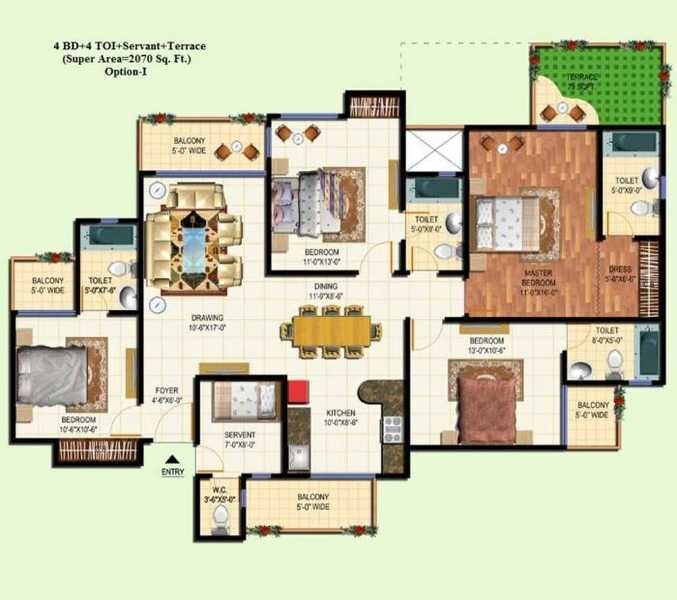 Floor plan of 4 BHK 2070 Sq. Ft. Apartment in Amrapali Terrace Homes, Greater Noida