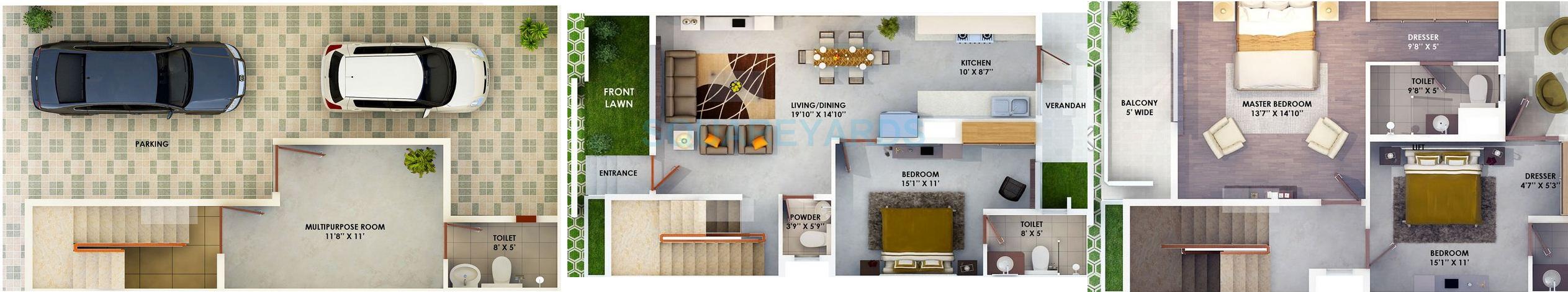 Floor plan of 3 BHK 1947 Sq. Ft. Villa in The Hemisphere, Greater Noida