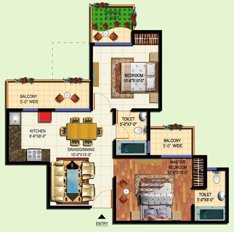 Floor plan of 2 BHK 885 Sq. Ft. Apartment in Amrapali Tropical Garden, Greater Noida
