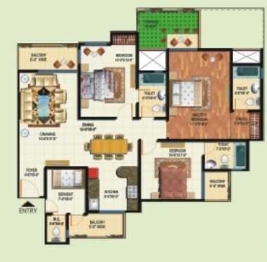 Floor plan of 3 BHK 1185 Sq. Ft. Apartment in Amrapali Tropical Garden, Greater Noida