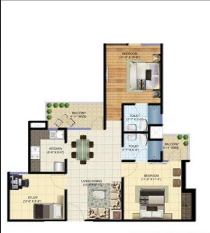 Floor plan of 2 BHK 975 Sq. Ft. Apartment in Amrapali Verona Bollywood Towers, Greater Noida