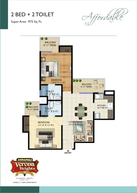 Floor plan of 2 BHK 975 Sq. Ft. Apartment in Amrapali Verona Heights, Greater Noida