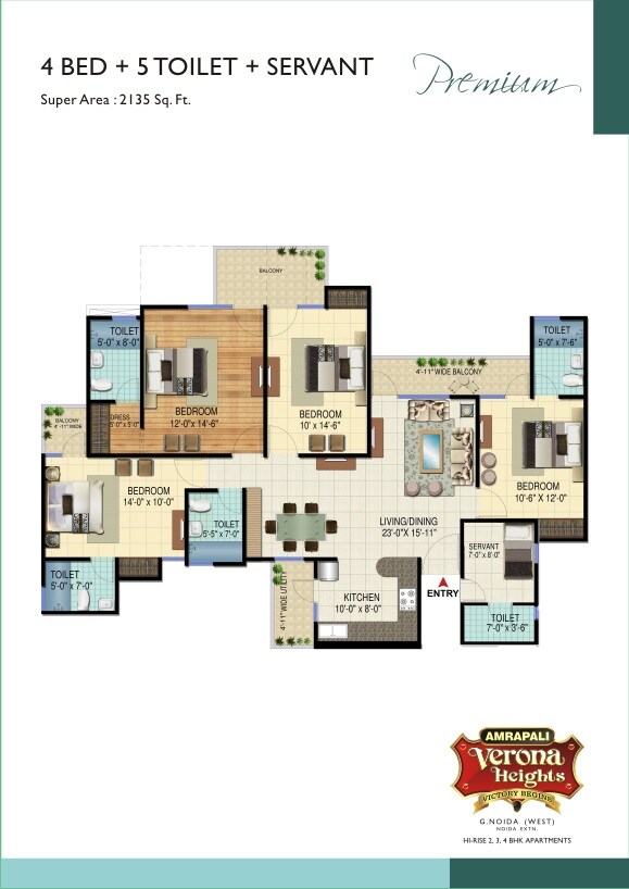 Floor plan of 4 BHK 2135 Sq. Ft. Apartment in Amrapali Verona Heights, Greater Noida