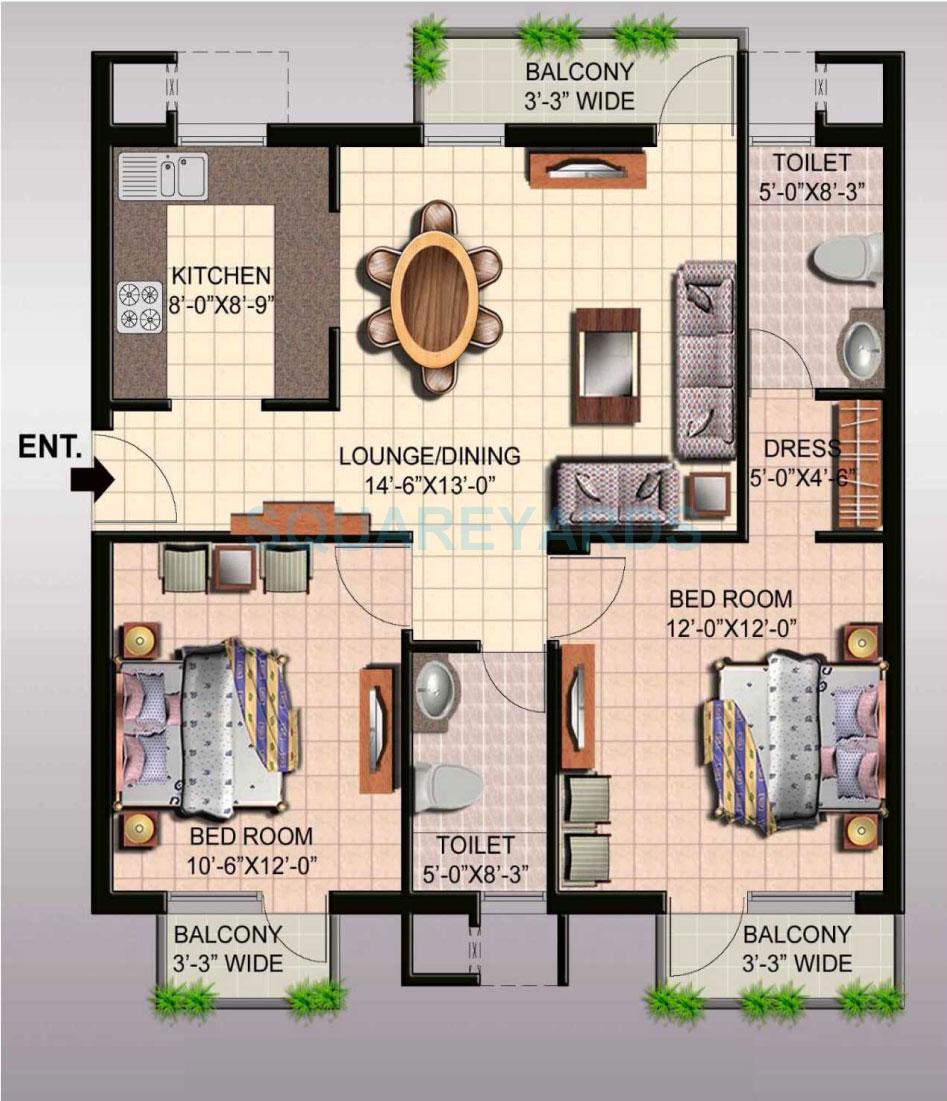 Floor plan of 2 BHK 1235 Sq. Ft. Apartment in Ansal API Sushant Megapolis Lake View Towers, Greater Noida