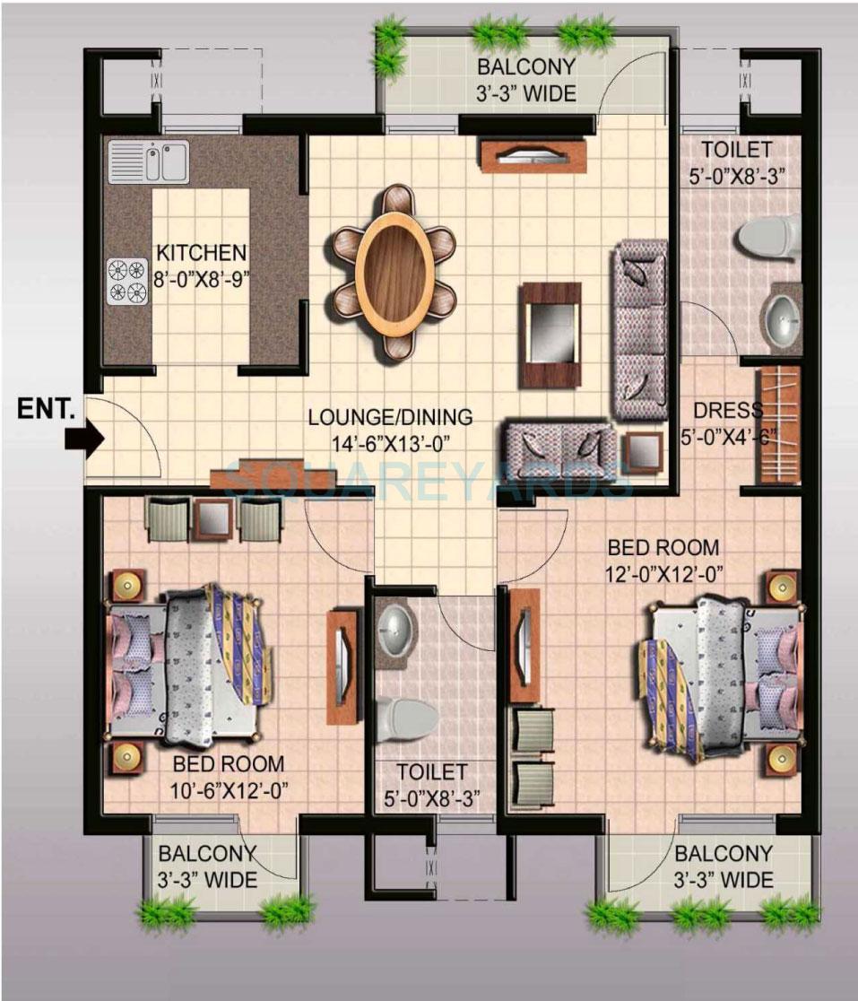 Floor plan of 2 BHK 1255 Sq. Ft. Apartment in Ansal API Sushant Megapolis Lake View Towers, Greater Noida
