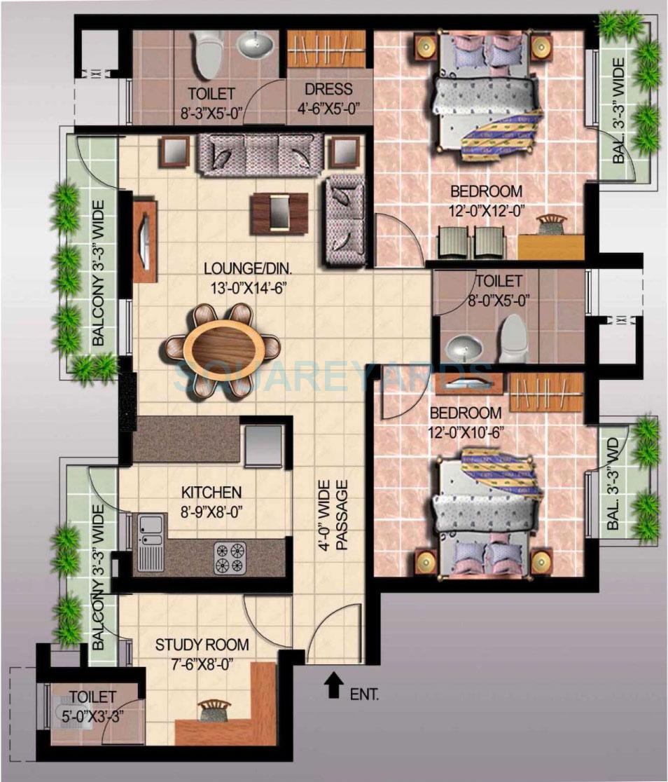 Floor plan of 2 BHK 1430 Sq. Ft. Apartment in Ansal API Sushant Megapolis Lake View Towers, Greater Noida