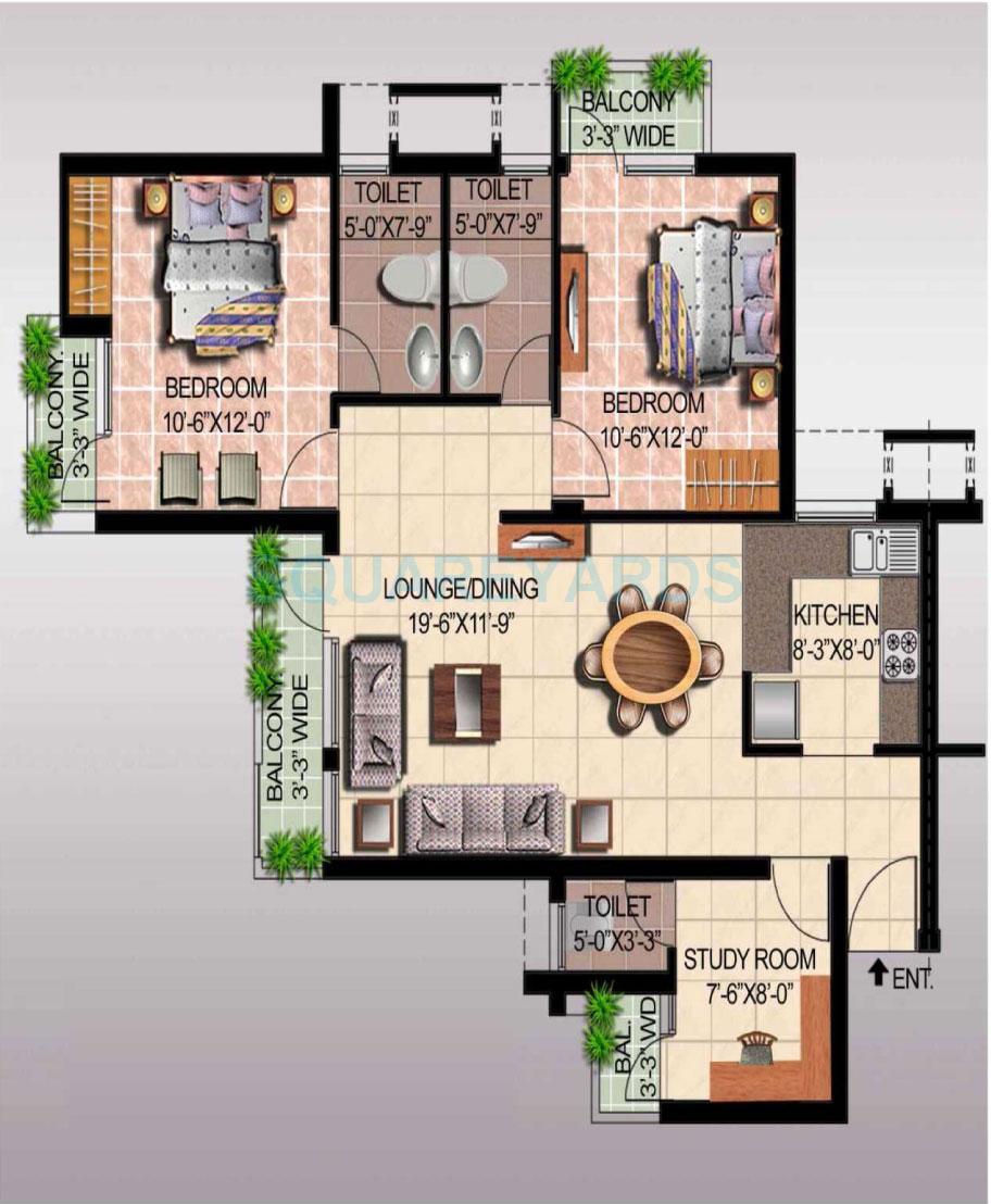 Floor plan of 2 BHK 1435 Sq. Ft. Apartment in Ansal API Sushant Megapolis Lake View Towers, Greater Noida