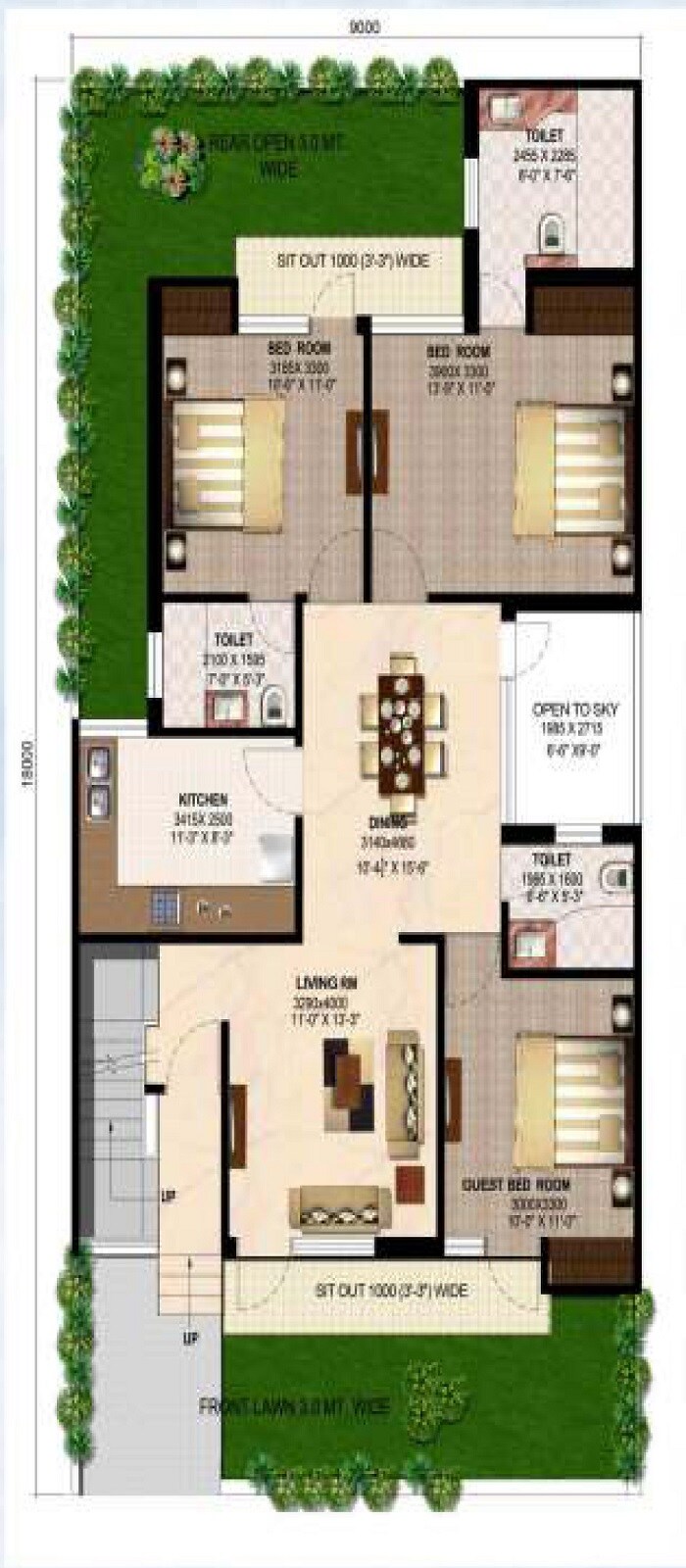 Floor plan of 3 BHK 1264 Sq. Ft. Ind Floor in Ansal Freesia Floors, Greater Noida