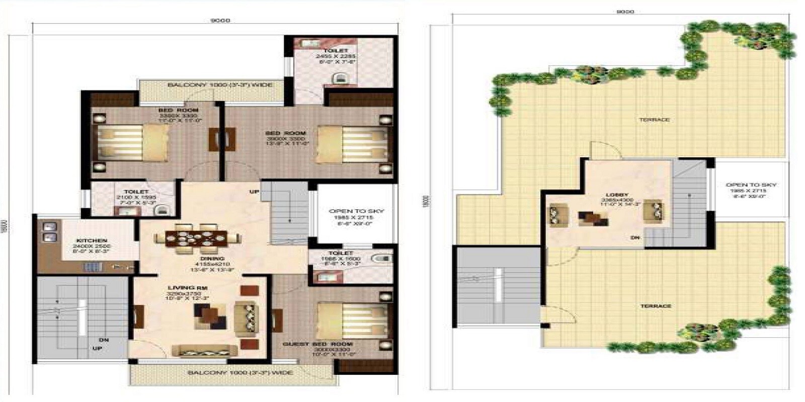 Floor plan of 3 BHK 2097 Sq. Ft. Ind Floor in Ansal Freesia Floors, Greater Noida