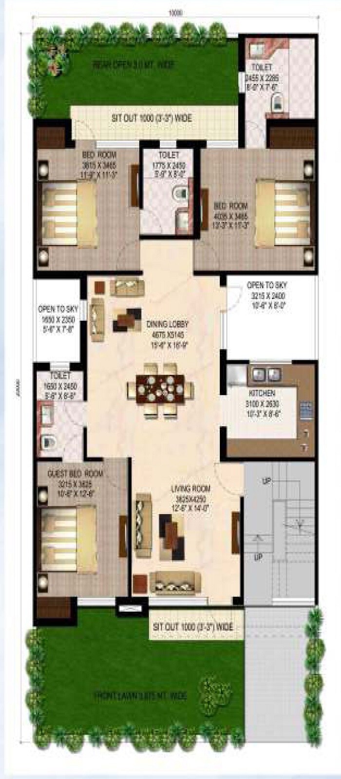 Floor plan of 3 BHK 1563 Sq. Ft. Ind Floor in Ansal Zeenia Terraces, Greater Noida