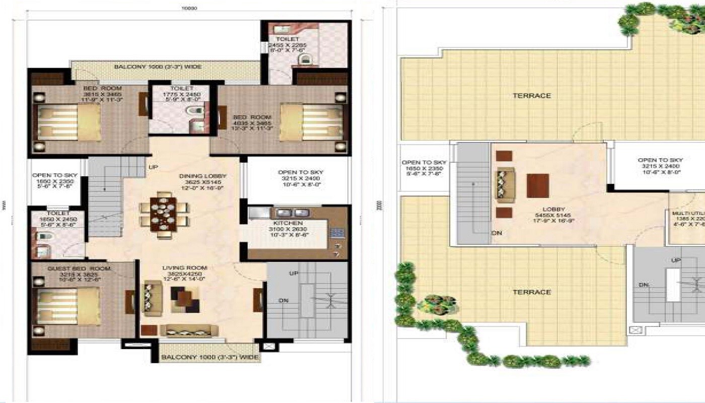 Floor plan of 3 BHK 2646 Sq. Ft. Ind Floor in Ansal Zeenia Terraces, Greater Noida