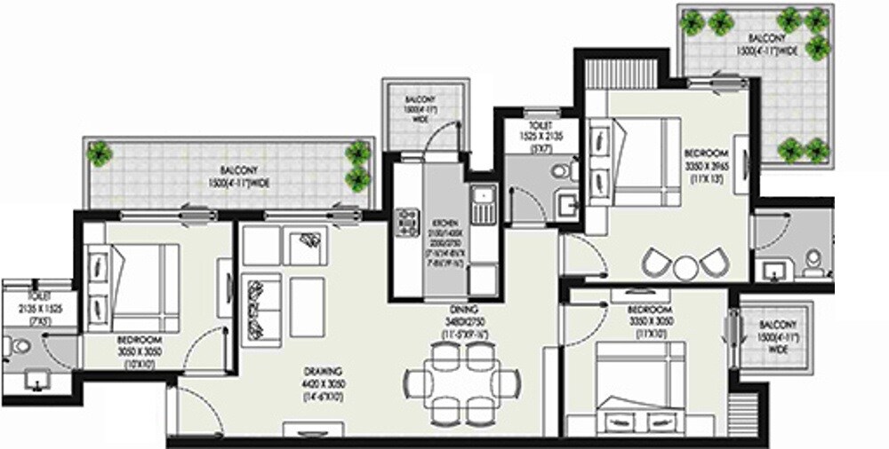 Floor plan of 3 BHK 1550 Sq. Ft. Apartment in Ansals Rainbow, Greater Noida