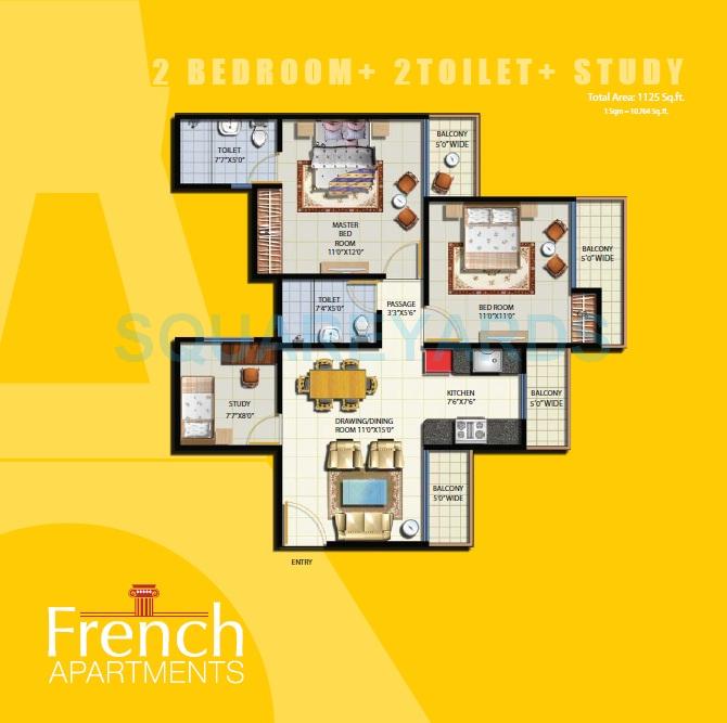 Floor plan of 2 BHK 1125 Sq. Ft. Apartment in Anthem French Apartment, Greater Noida