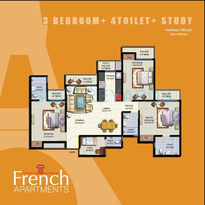 Floor plan of 3 BHK 1730 Sq. Ft. Apartment in Anthem French Apartment, Greater Noida