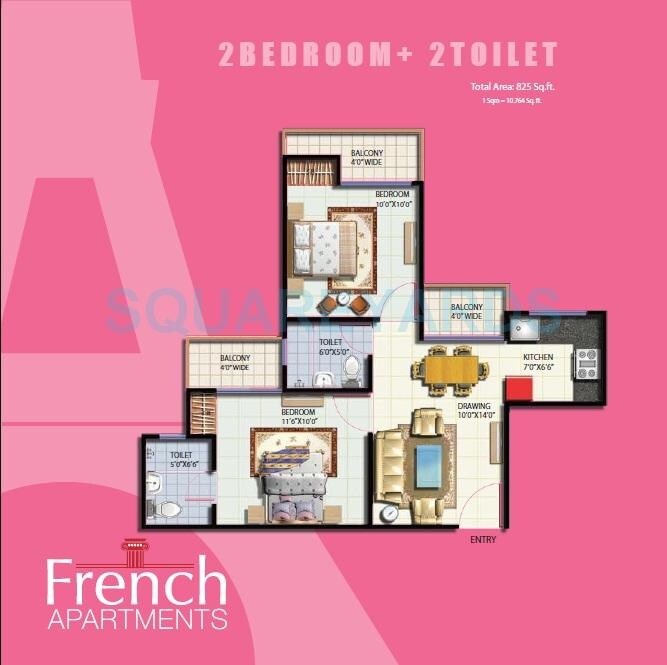 Floor plan of 2 BHK Apartment - 825 sq. ft. in Anthem French Apartments, Greater Noida