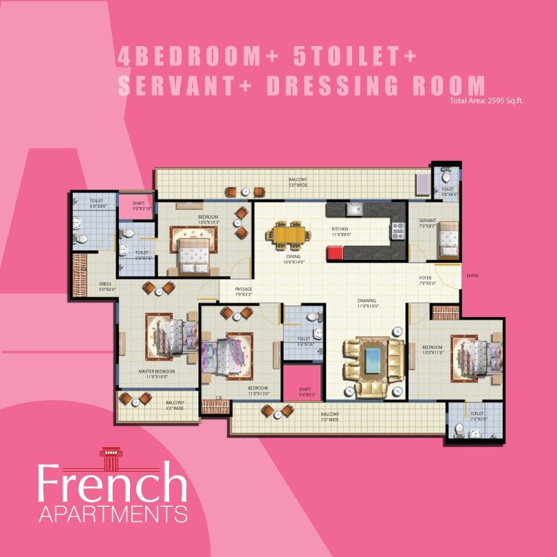 Floor plan of 4 BHK Apartment - 2595 sq. ft. in Anthem French Apartments, Greater Noida