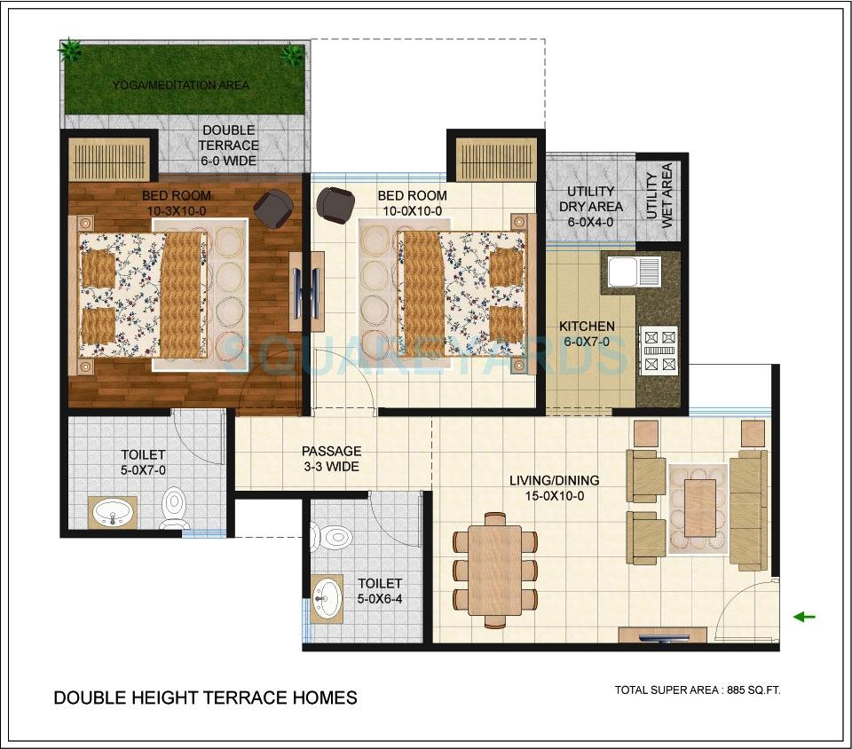 Floor plan of 2 BHK 885 Sq. Ft. Apartment in Antriksh Golf Link, Greater Noida